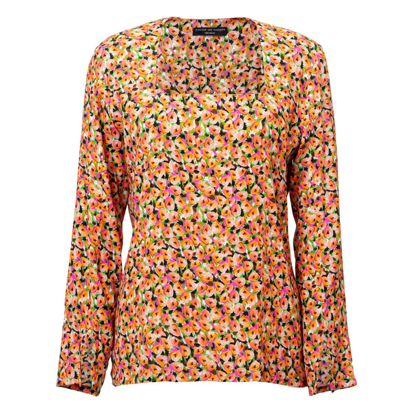 SUE orange flower print viscose square neck long sleeve top for colorful fit at the office Dorilou