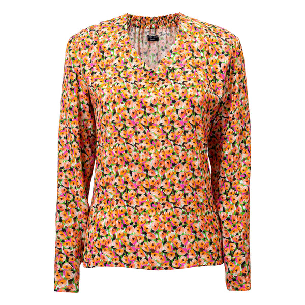 LIV orange flower print long sleeve top in viscose from overstock fabric for summer family reunion Dorilou