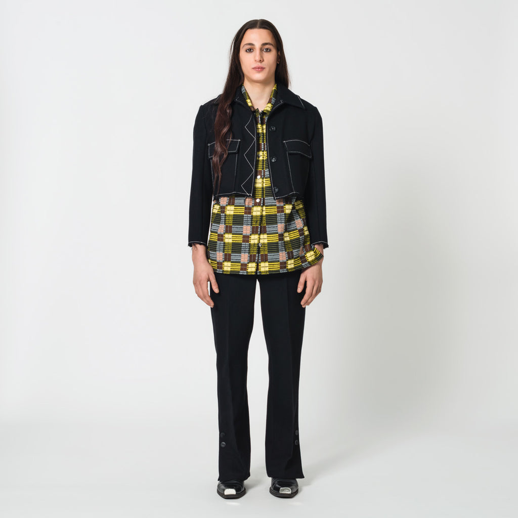 STEPHANE black virgin wool crop jacket with white topstiching for the cold night Dorilou
Genderless, plus size, curvy