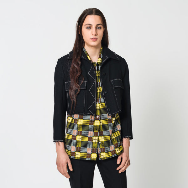 STEPHANE black virgin wool crop jacket with white topstiching for the cold night Dorilou
Genderless, plus size, curvy