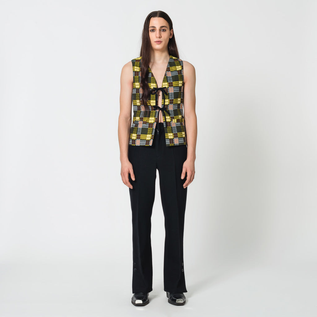 JOANNA yellow and brown cotton check jacquard vest with ties for an elegant fit at the office Dorilou