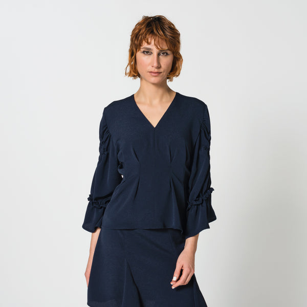 CLEO navy Japanese chirimen blouse with a plunge V neck for family reunions Dorilou