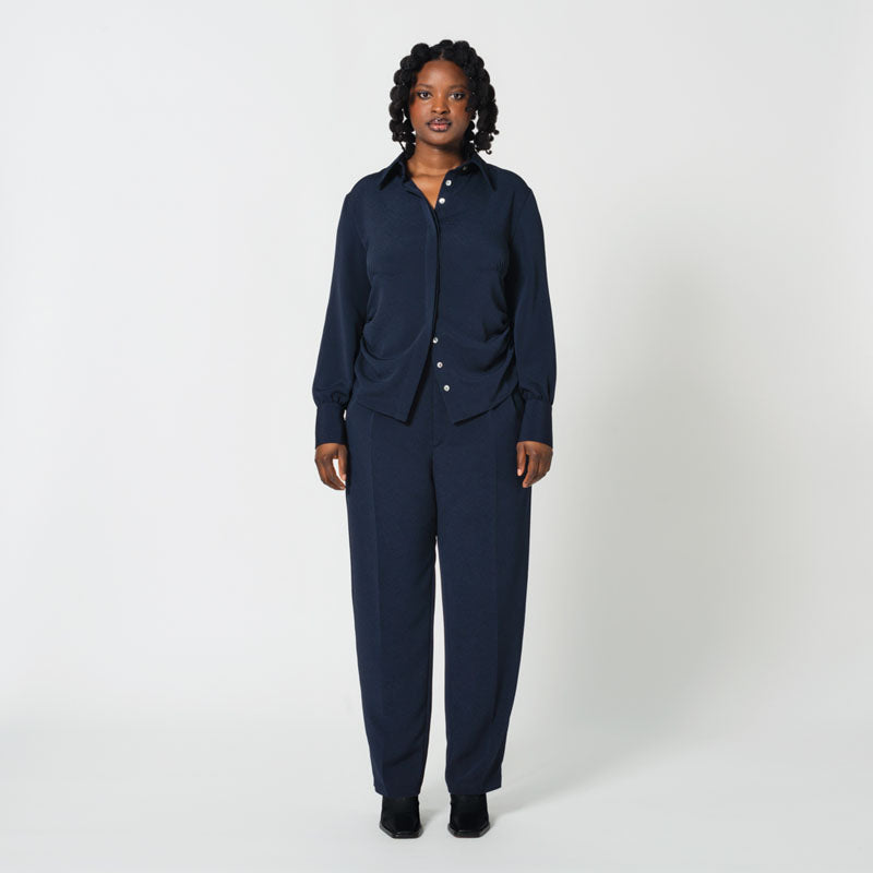 JANINE navy Japanese chirimen fitted shirt for power dressing at the office Dorilou