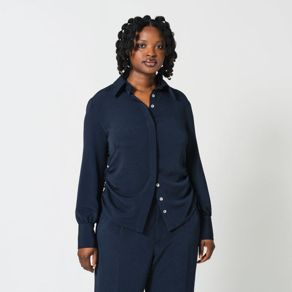 JANINE navy Japanese chirimen fitted shirt for power dressing at the office Dorilou