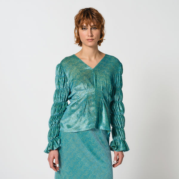 AUGUSTA turquoise viscose and silk velvet blouse with poet sleeve for dressing up Dorilou