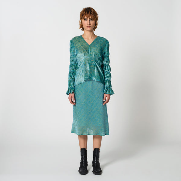 BILLIE turquoise viscose and silk bias cut mid length skirt for formal dinner Dorilou