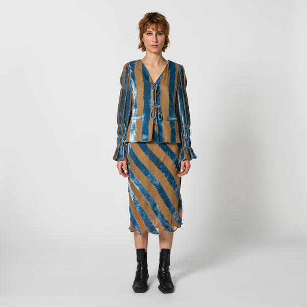 LUISA blue and beige stripes vest made of silk with long puff sleeves for garden party Dorilou