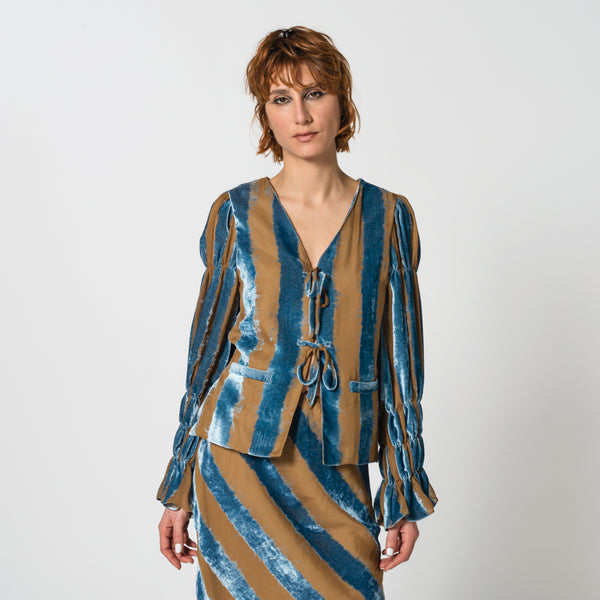 LUISA blue and beige stripes vest made of silk with long puff sleeves for garden party Dorilou