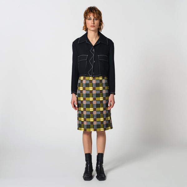 PEARL yellow and brown cotton check jacquard minimal skirt with elastic waist for formal events Dorilou