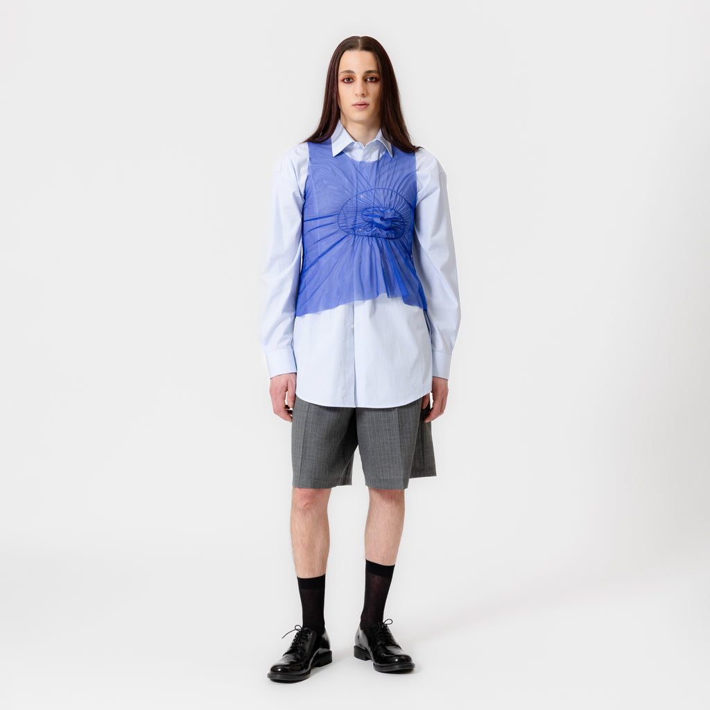 ELI royal blue sheer mesh top with spiral ruching detail and relaxed fit by Dorilou