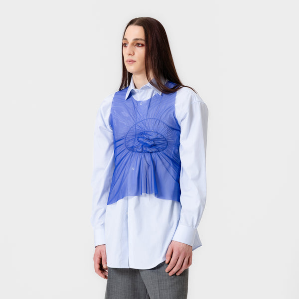 ELI royal blue sheer mesh top with spiral ruching detail and relaxed fit by Dorilou