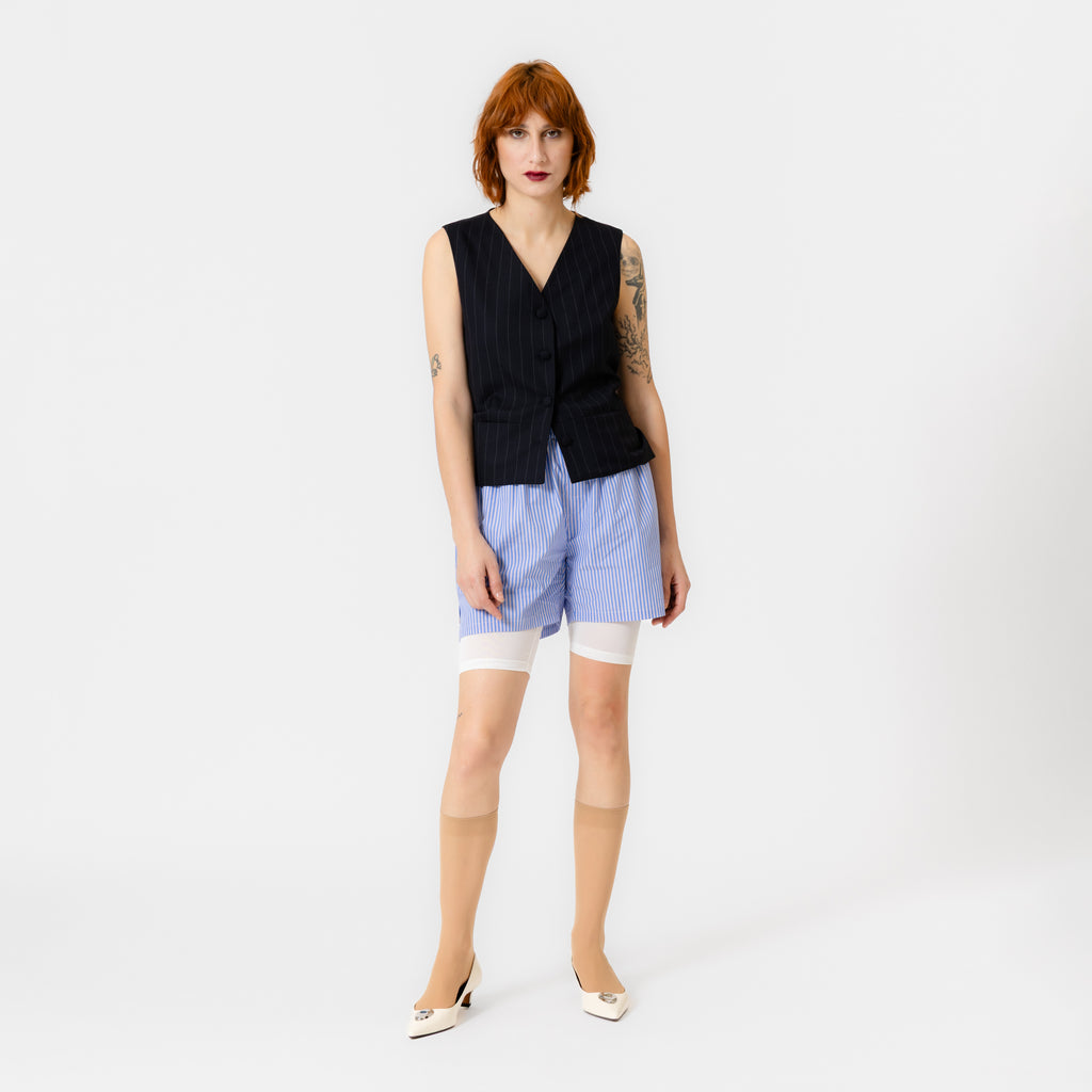 CHRIS dark navy pinstripe wool vest with four covered buttons, hidden seam pockets, and adjustable back ties by Dorilou