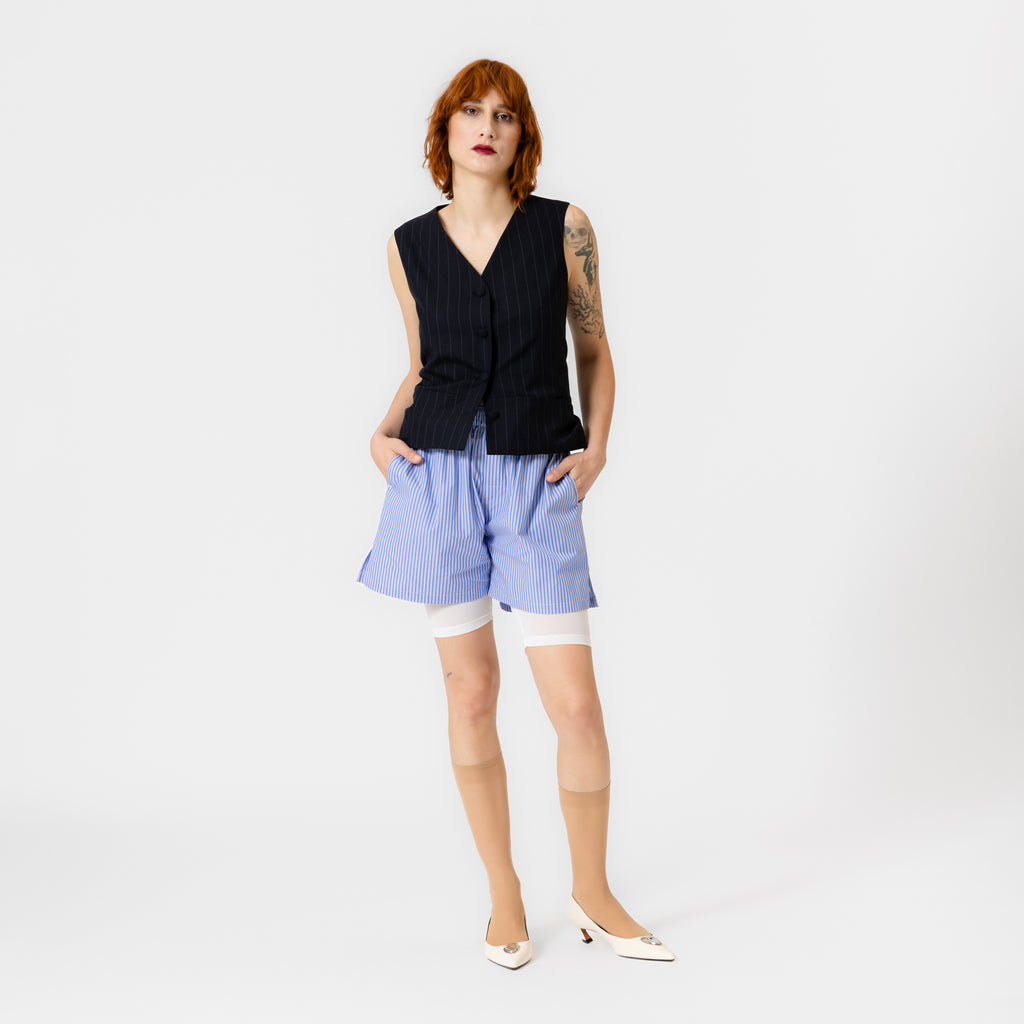 SKYLER blue and burgundy striped cotton poplin boxer shorts with elastic waistband, button fly, side pockets, and side slits by Dorilou