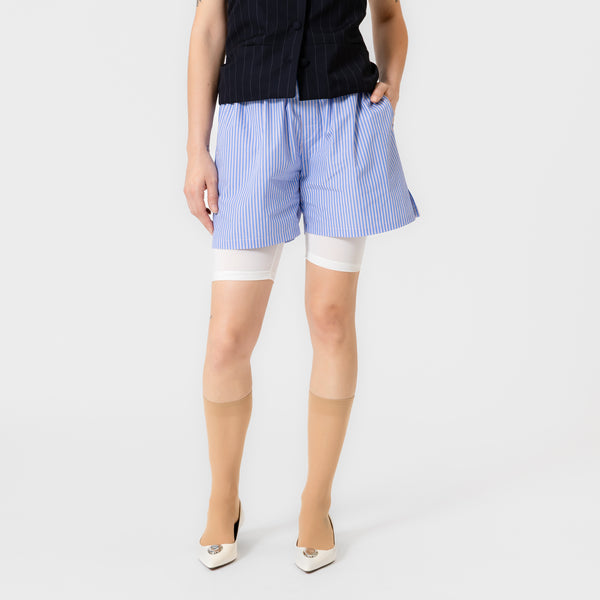 SKYLER blue and burgundy striped cotton poplin boxer shorts with elastic waistband, button fly, side pockets, and side slits by Dorilou