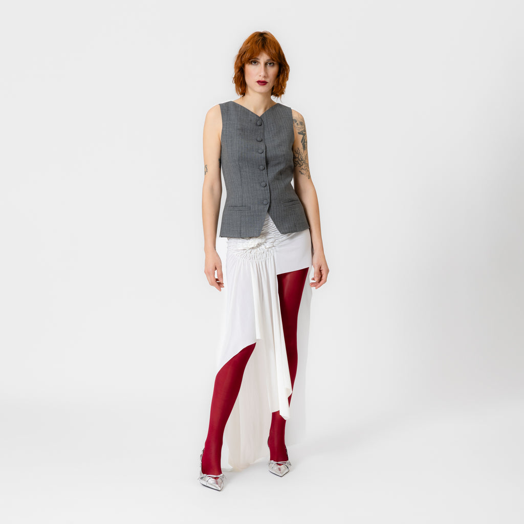 HUNTER grey pinstripe tailored vest with six-button front, pointed hem, small welt pockets, and adjustable back ties by Dorilou