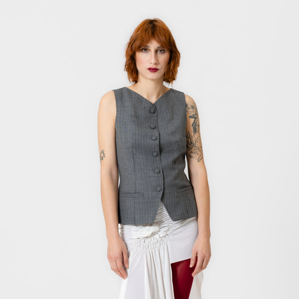HUNTER grey pinstripe tailored vest with six-button front, pointed hem, small welt pockets, and adjustable back ties by Dorilou