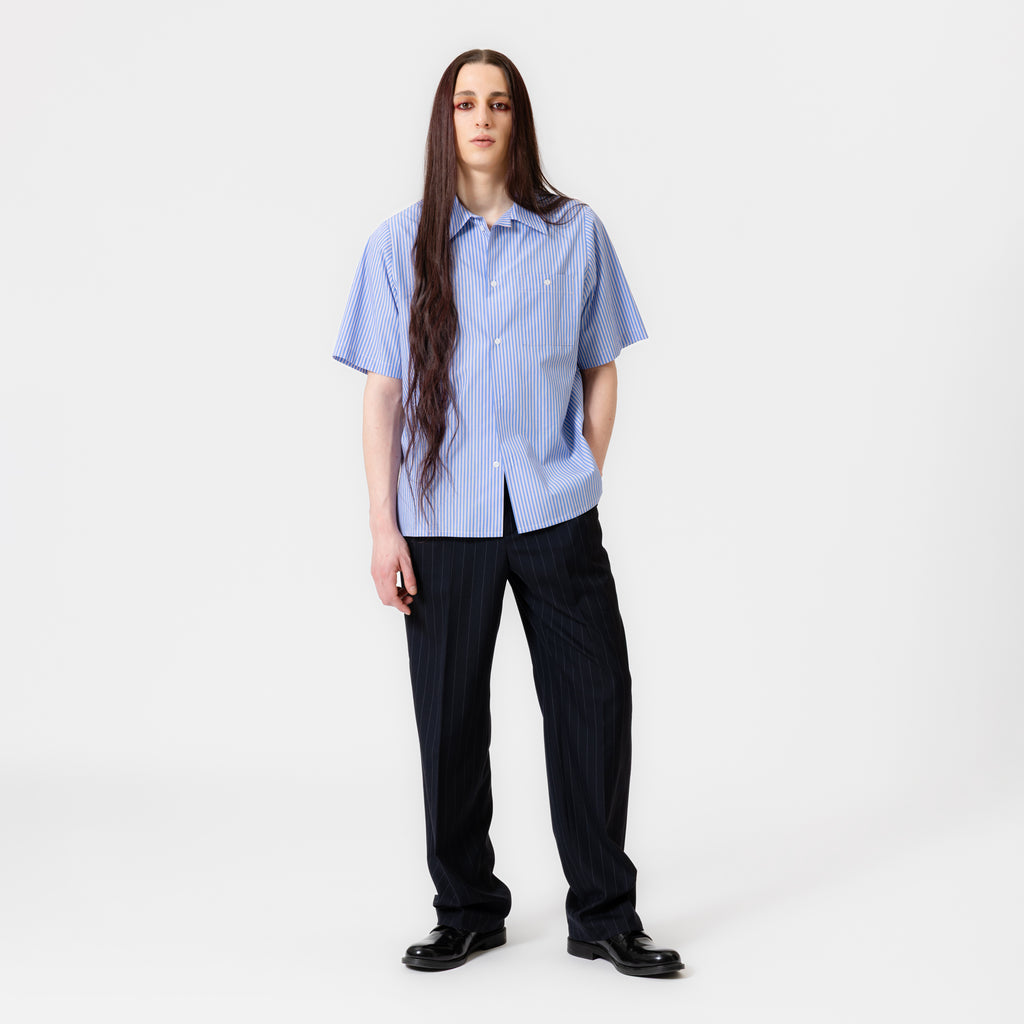 ARIEL short-sleeved cotton poplin shirt with blue and burgundy vertical stripes, button-up front, and chest pocket by Dorilou