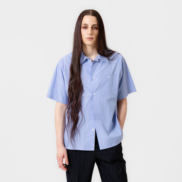 ARIEL short-sleeved cotton poplin shirt with blue and burgundy vertical stripes, button-up front, and chest pocket by Dorilou
