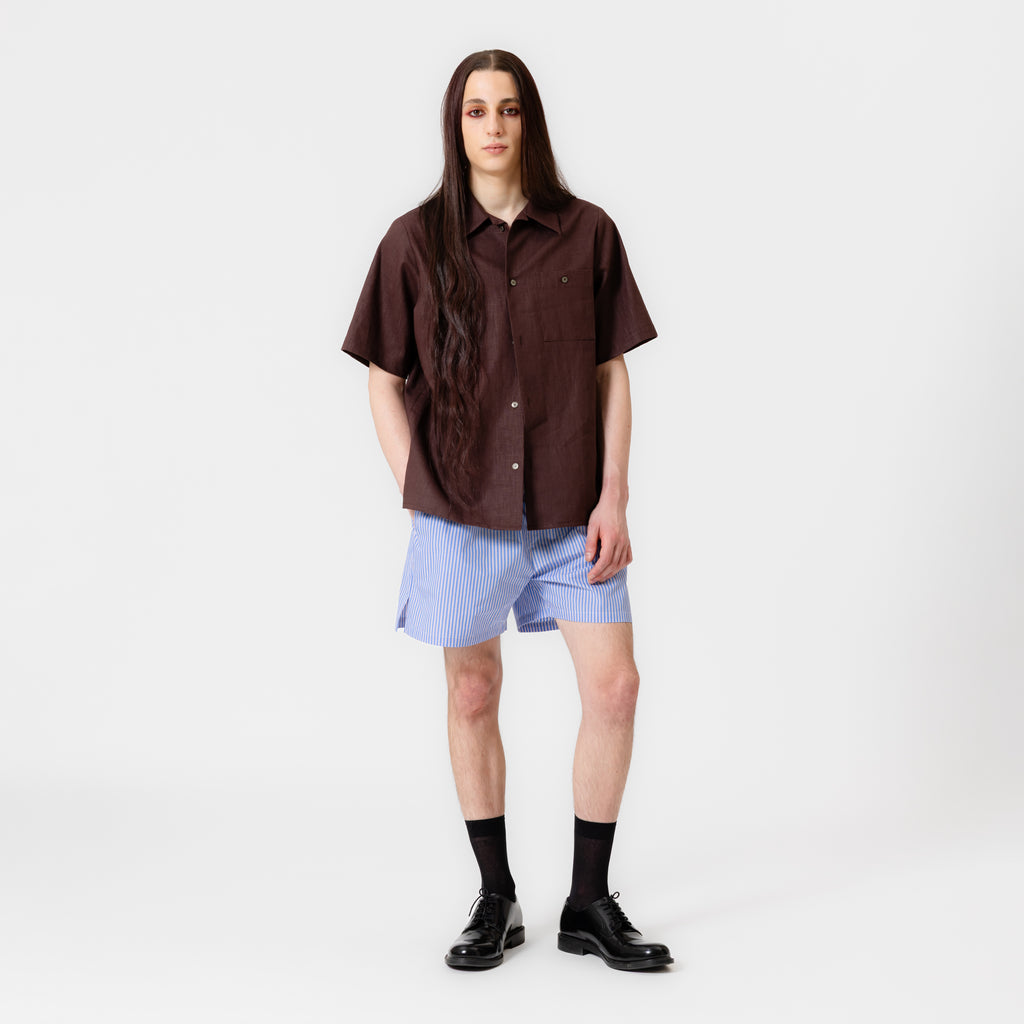 ARIEL short-sleeved dark brown linen shirt with button-up front and chest pocket by Dorilou