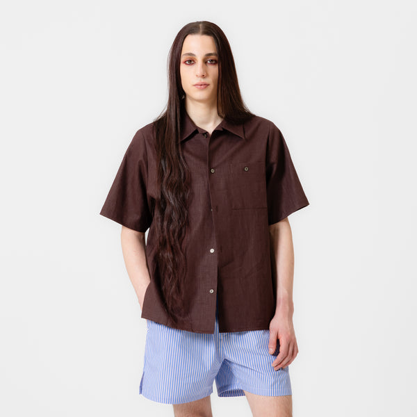 ARIEL short-sleeved dark brown linen shirt with button-up front and chest pocket by Dorilou