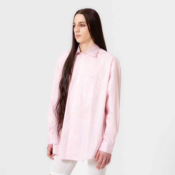 TONI oversized pink cotton poplin shirt with straight cut, button-down front, and single bust pocket by Dorilou