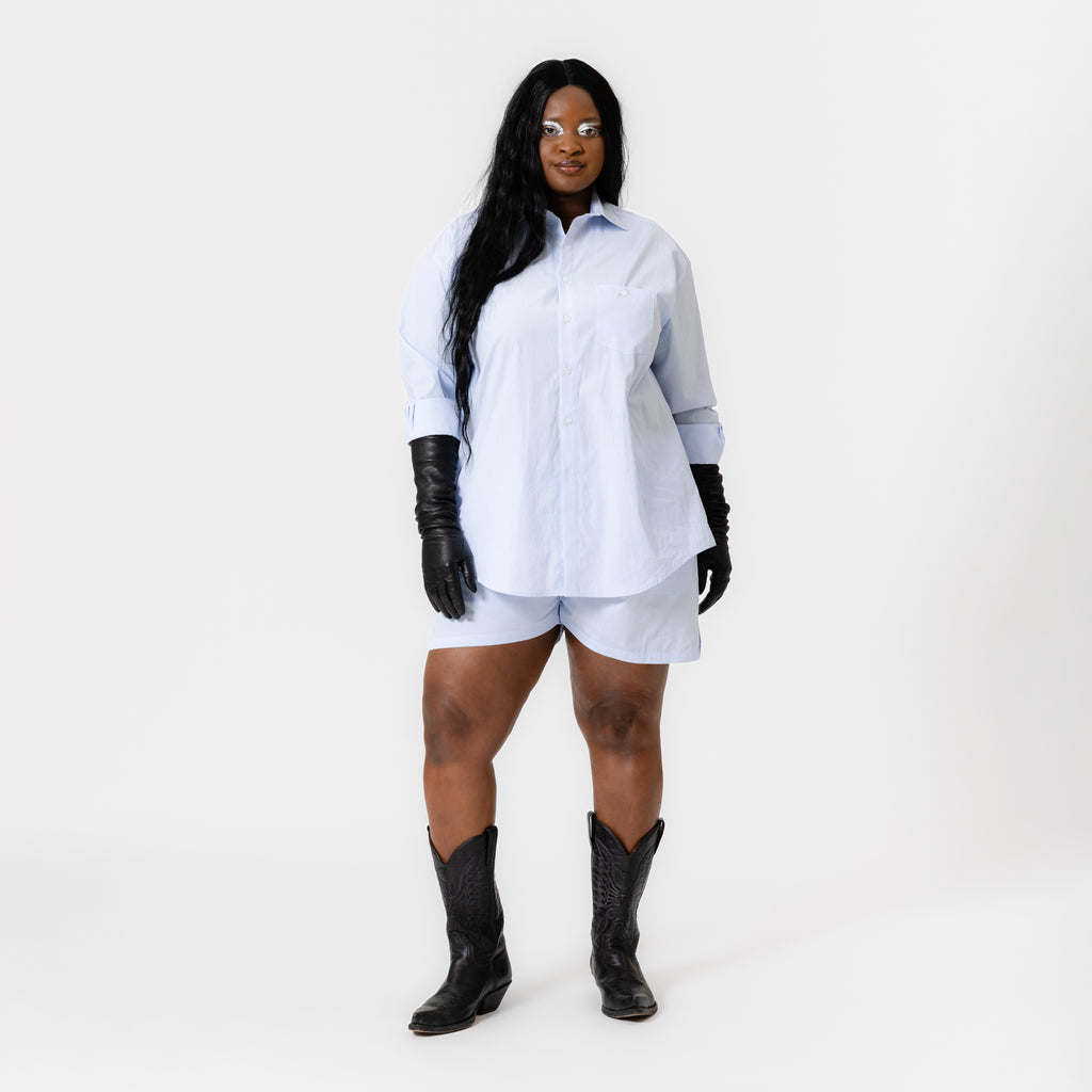 TONI oversized light blue striped cotton poplin shirt with straight cut, button-down front, and single bust pocket by Dorilou