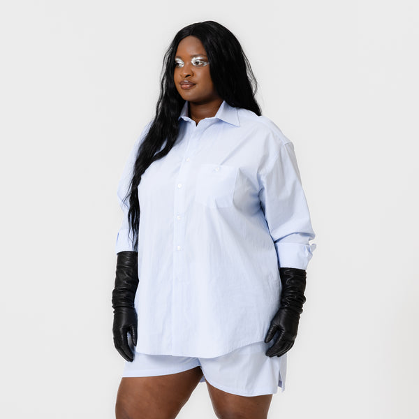 TONI oversized light blue striped cotton poplin shirt with straight cut, button-down front, and single bust pocket by Dorilou