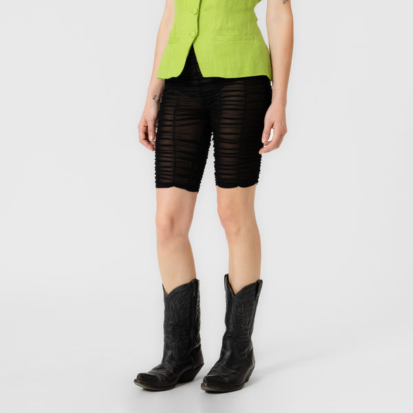 AVERY black sheer ruched mesh cycling shorts with high-rise waist and body-contouring stretch by Dorilou
