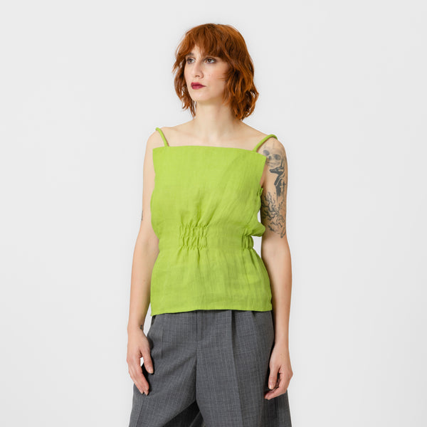 MEG sleeveless lime green ruched linen top with slim straps and square neckline by Dorilou
