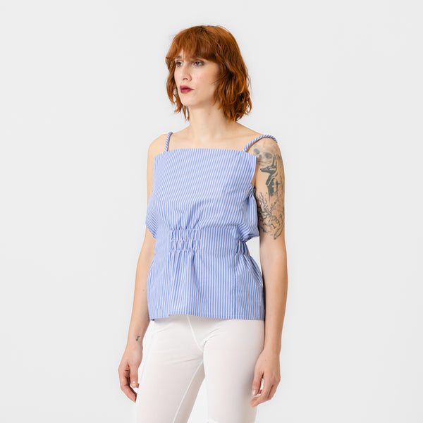 MEG striped blue & burgundy ruched poplin top with square neckline, slim straps, and bloused silhouette by Dorilou