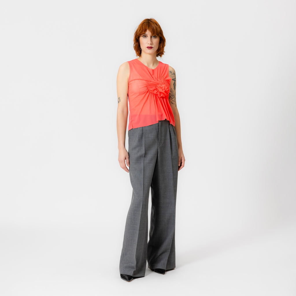 ELI coral sheer mesh top with spiral ruching detail and relaxed fit by Dorilou