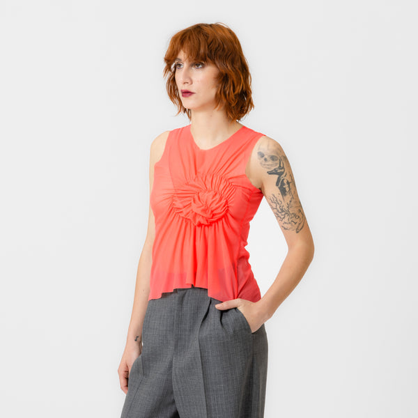 ELI coral sheer mesh top with spiral ruching detail and relaxed fit by Dorilou