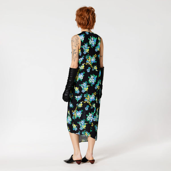BROOKE asymmetrical and draped black & blue flower print dress in viscose with a round neck for bridemaids Dorilou