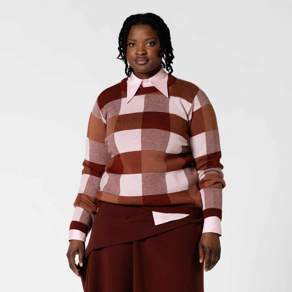 LENNOX pink merino wool checked jumper coffee date Dorilou