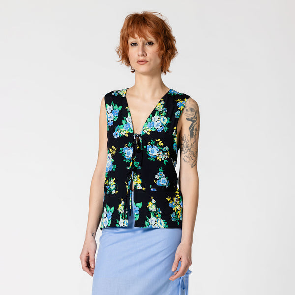 JOANNA black & blue flower print viscose vest for weddings Dorilou