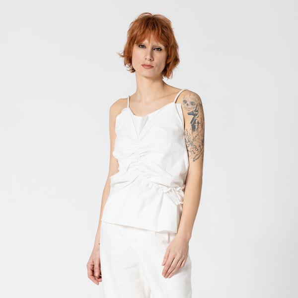 JULES asymmetrical and draped white cotton spaghetti top summer for weddings Dorilou