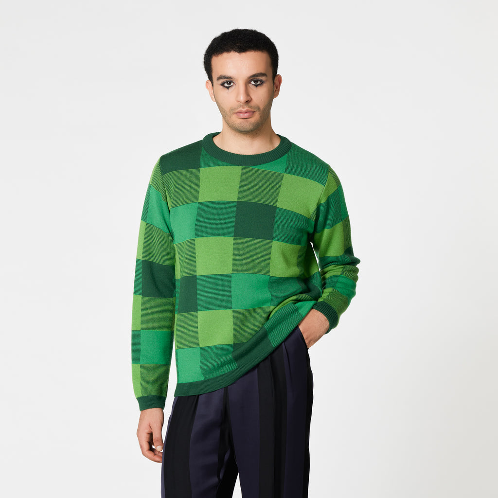 LENNOX green merino wool checked jumper coffee date Dorilou