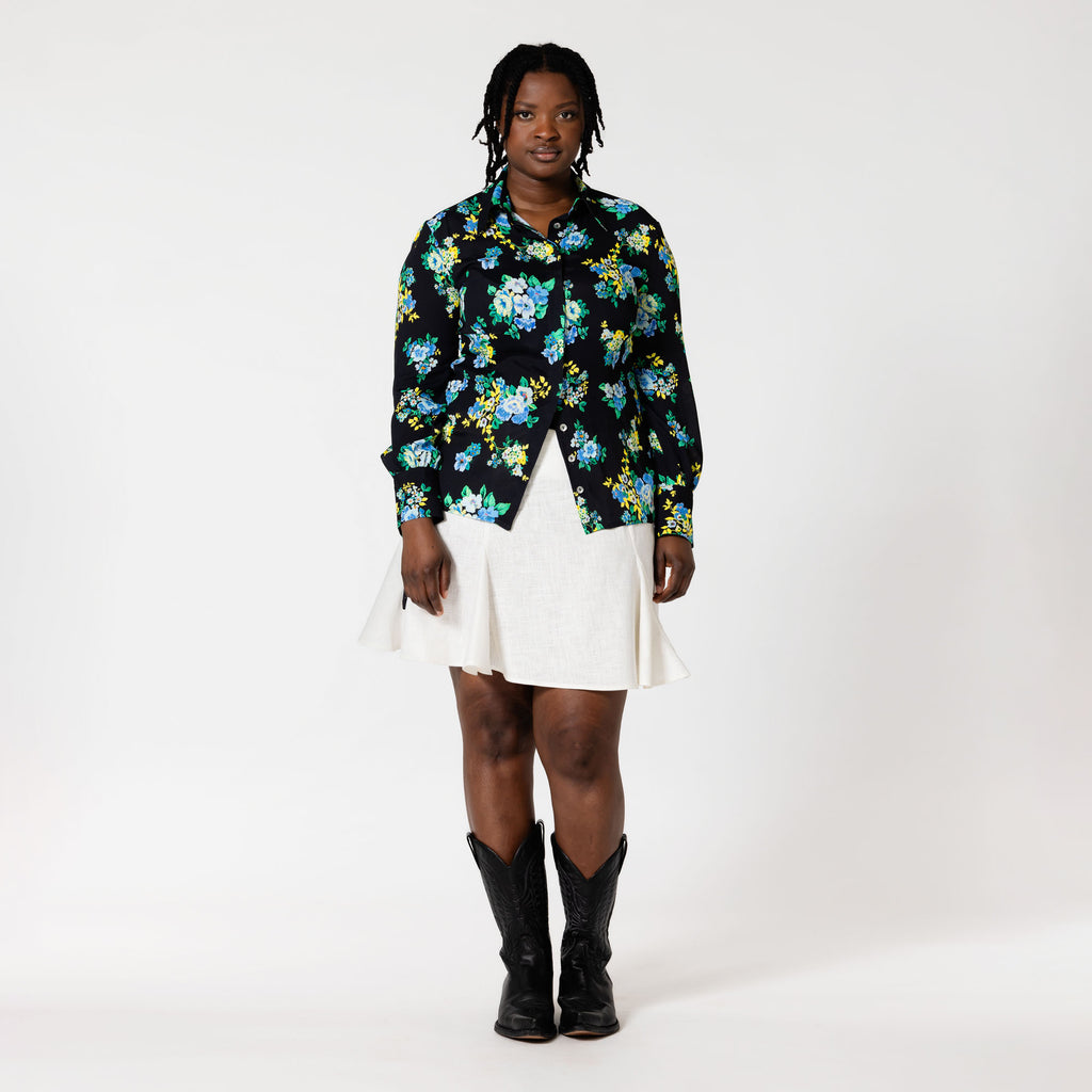 JANINE comfortable black & blue flower print shirt dress in viscose for garden party Dorilou