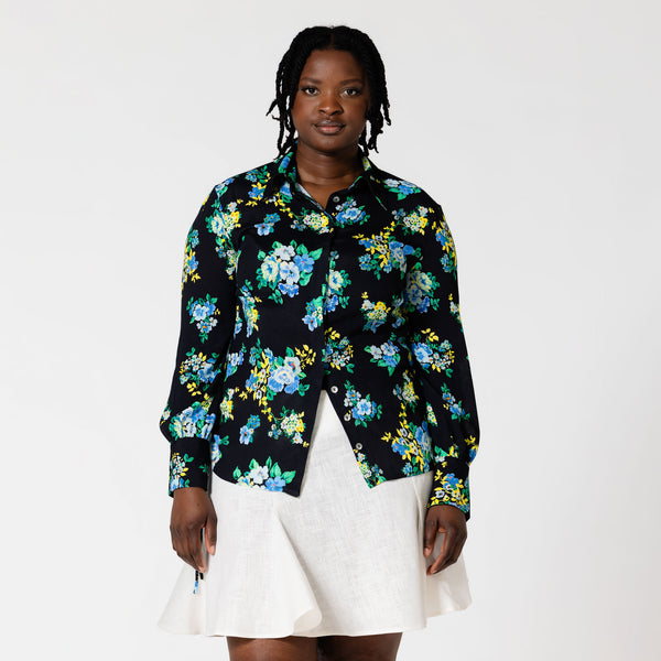 JANINE comfortable black & blue flower print shirt dress in viscose for garden party Dorilou