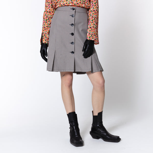 JAMIE blue cotton box pleated mid length skirt with buttons for an evening date Dorilou