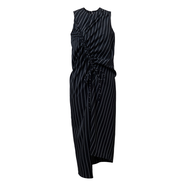 BROOKE black viscose and virgin wool designer dress with stripes for summer dinner Dorilou