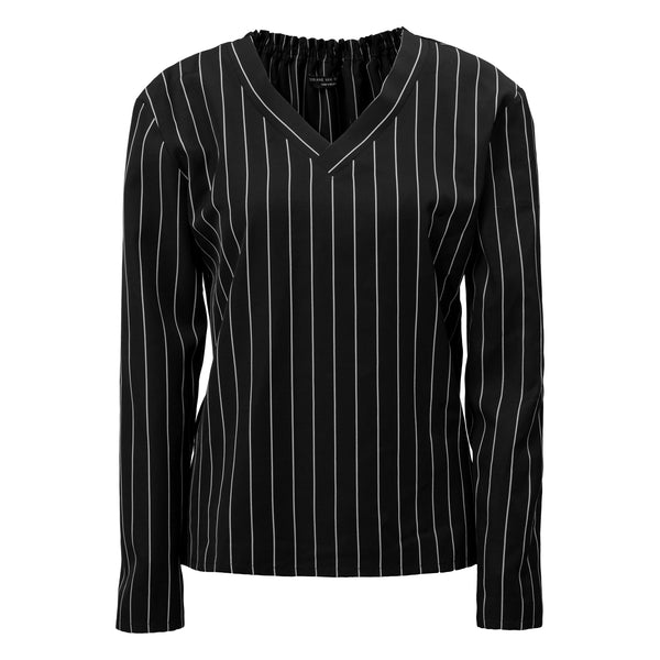 LIV black viscose and virgin wool long sleeve top with stripes and a V-neck for work-appropriate outfit Dorilou