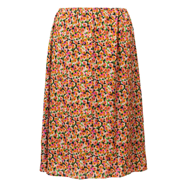 BILLIE orange flower print mid length skirt cut in bias in viscose from deadstock fabric for summer walk on the beach Dorilou