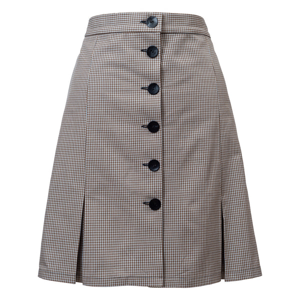JAMIE blue cotton box pleated mid length skirt with buttons for an evening date Dorilou