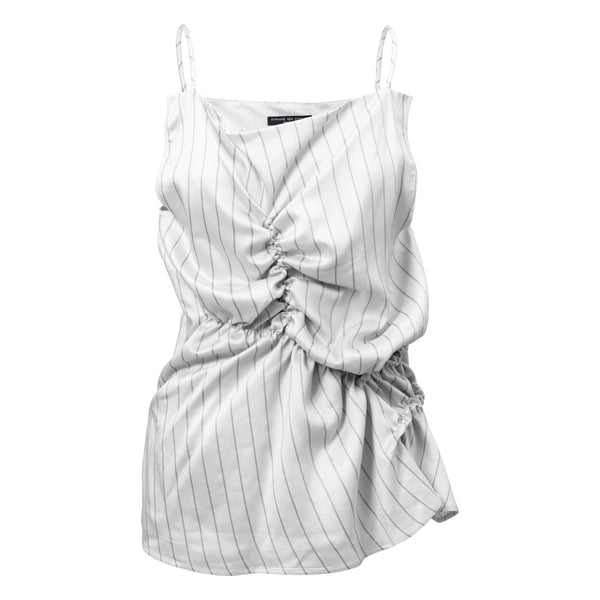 JULES grey and white stripes viscose and silk designer top with spaghetti straps for summer cocktails Dorilou