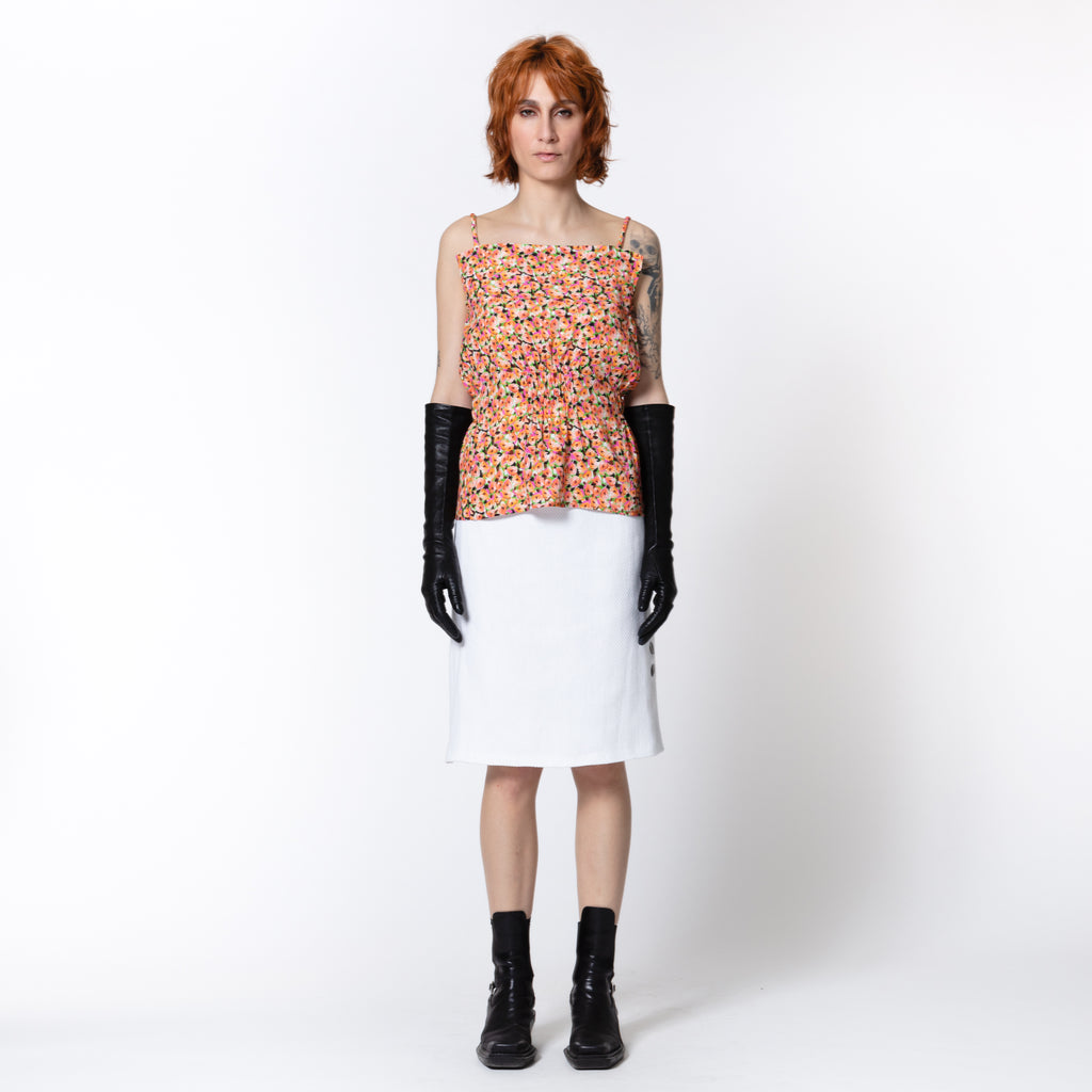 MEG zero waste orange flower print top in viscose from deadstock fabric for summer picnic at the park Dorilou