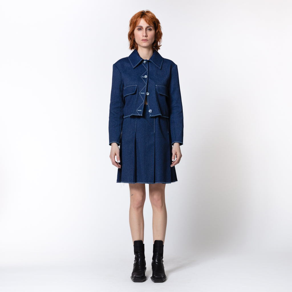 STEPHANE blue denim cotton jacket with white topstitching for cold summer nights Dorilou
Genderless, plus size, curvy