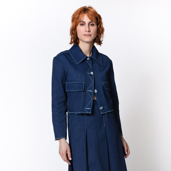 STEPHANE blue denim cotton jacket with white topstitching for cold summer nights Dorilou
Genderless, plus size, curvy