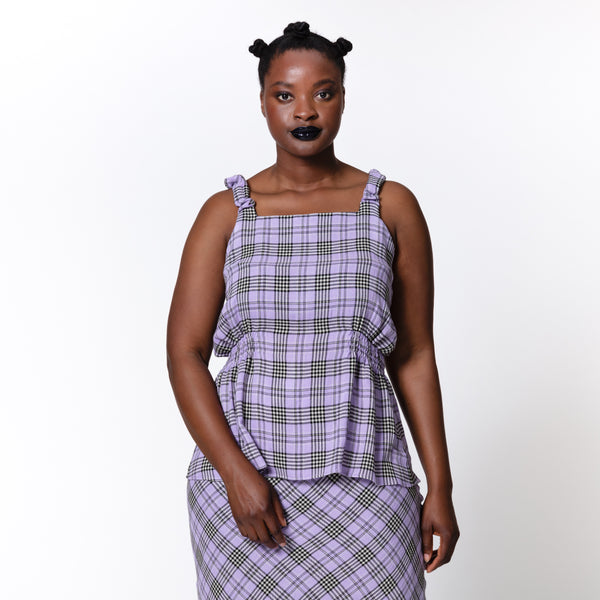 PAIGE lilac checkered viscose and virgin wool crossover strap top for summer vacations Dorilou