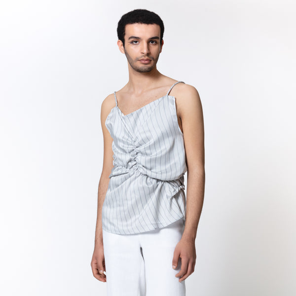 JULES grey and white stripes viscose and silk designer top with spaghetti straps for summer cocktails Dorilou